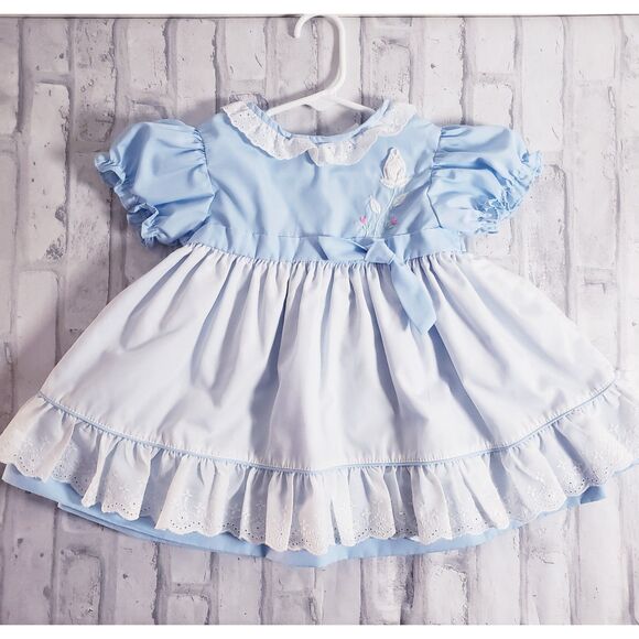 Vintage 80's Girls Double Layered Blue and White Ruffle Dress - Picture 1 of 6